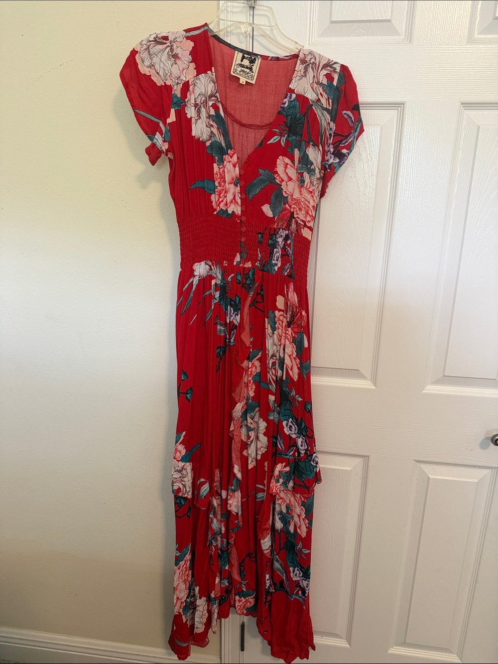 Japna Red Floral Maxi Dress with Green Accents